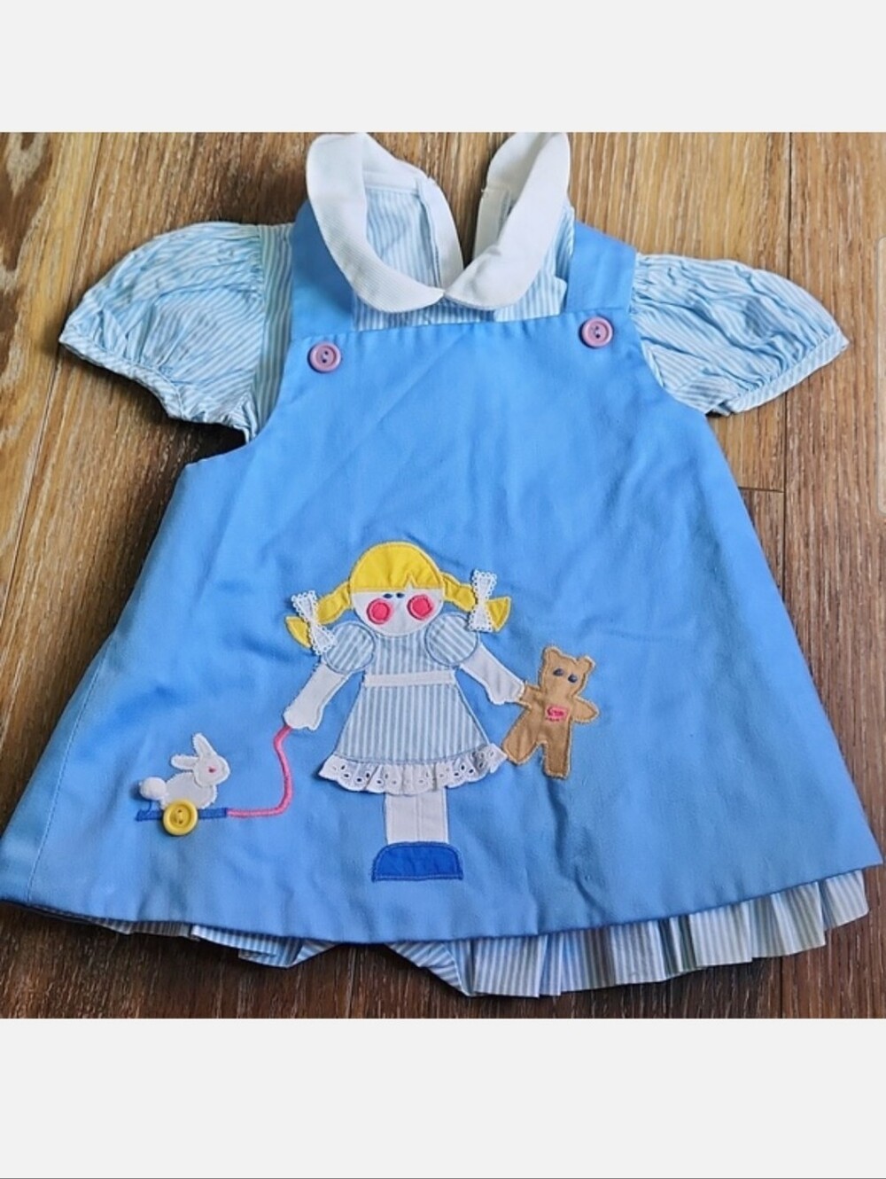 Vintage Betti Tirell Blue White Striped Cotton Dress Girl Teddy Bunny 24 months